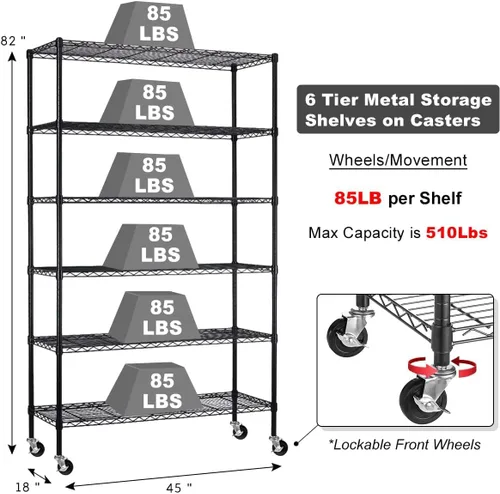 Miniatura 2 de Estantería de alambre resistente de 6 niveles, capacidad de 2100 libras, estante de almacenamiento de metal NSF ajustable con ruedas, 45 pulgadas