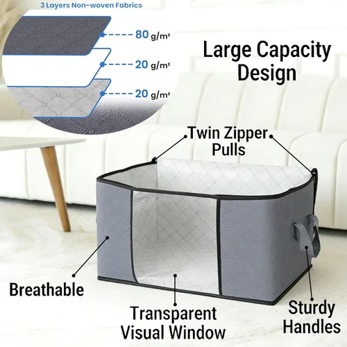 Miniatura 2 de Bolsas de almacenamiento grises de 90 L con tapas, cremallera y ventana transparente, paquete de 3 organizadores plegables grandes de armario
