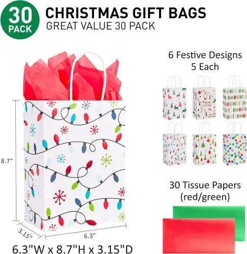 Miniatura 3 de SUNCOLOR 30 pequeñas bolsas de regalo de Navidad con papel de seda