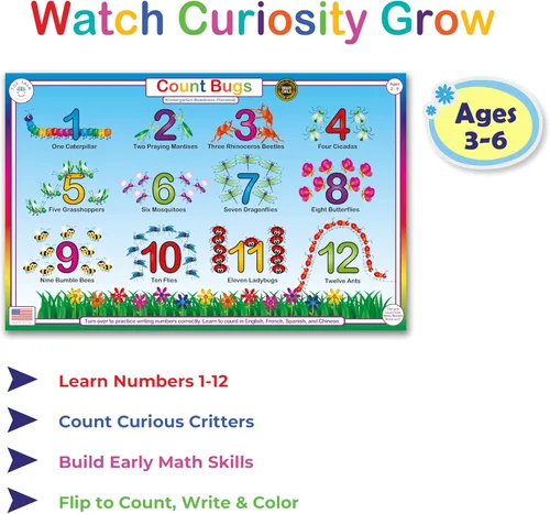 Miniatura 2 de Tot Talk Count Bugs Learn and Write Numbers 1-10 - Mantel individual educativo para niños, de doble cara, impermeable, lavable, fabricado en Estados