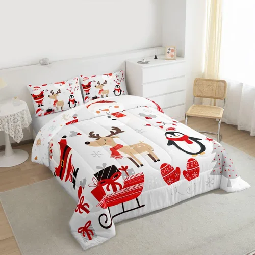 Miniatura 5 de Erosebridal Lindo juego de edredón de pingüino de dibujos animados, ropa de cama de Feliz Navidad, tamaño individual, regalos de Papá Noel