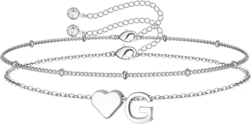 Miniatura 13 de M MOOHAM Pulseras de oro con inicial de corazón para mujer, pulseras con dije de letra A-Z de corazón dorado en capas para mujer, pulseras