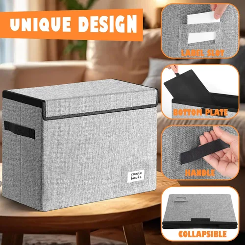 Miniatura 6 de Leffis Almacenamiento de Cómics, Caja de 15.5" X 7.5" X 11.3", Caja Corta Plegable para Cómics con Tapas que Contiene 150 Cómics, Contenedor Gris