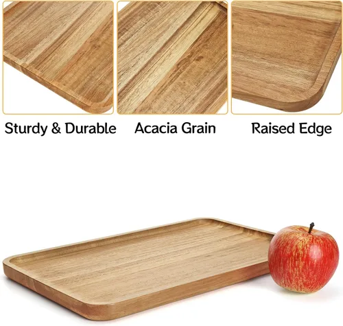 Miniatura 3 de YOUEON Juego de 2 bandejas de madera de acacia con borde elevado, bandeja rectangular de 14.2 x 9.5 pulgadas, plato de queso para aperitivo