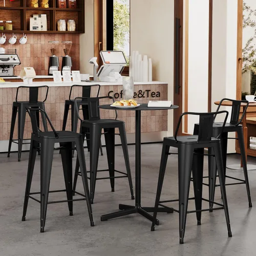 Miniatura 9 de Yongchuang Juego de 4 taburetes de bar, taburetes de bar de metal negro de 24 pulgadas con respaldo de cocina industrial, sillas de bar de altura