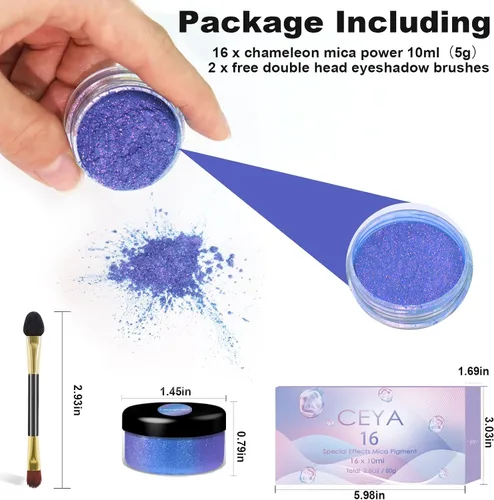 Miniatura 4 de Ceya Juego de Polvo de Mica Camaleón 16 Colores, 2.8oz / 80g Polvo Cromo, Pigmento de Efecto Nacarado con Cambio de Color de Grado Cosmético