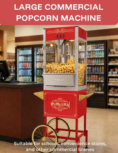 Miniatura 3 de Máquina comercial de palomitas de maíz con carrito, auténtica máquina de palomitas de maíz de 16 onzas con cubierta de vibración, máquina de Rojo