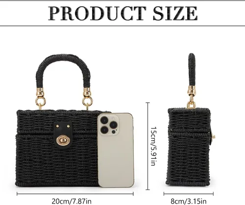 Miniatura 2 de Fecialy Bolso de mano de ratán tejido a mano para mujer, bolso de mano de paja para playa, bolso cruzado cuadrado bohemio