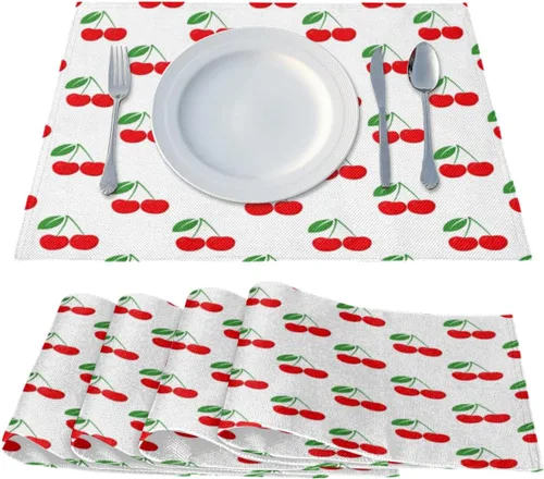 Miniatura 2 de Juego de 4 manteles individuales con patrón de cereza, lavables, impermeables, para decoración de mesa de comedor, 18 x 12 pulgadas