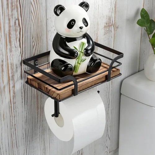 Miniatura 11 de Soporte de papel higiénico con estante de almacenamiento, metal negro, montaje sin taladros, se adapta a toallitas húmedas de tamaño Costco