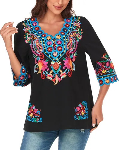 Miniatura 4 de YZXDORWJ Blusa de verano para mujer, estilo bohemio, estilo mexicano, con bordado bohemio