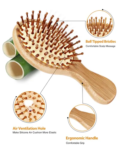 Miniatura 3 de Paquete de 2 cepillos de pelo con cerdas naturales, masajes cuero cabelludo antiestático desenredar el cabello para todo tipo, ligero (MINI)