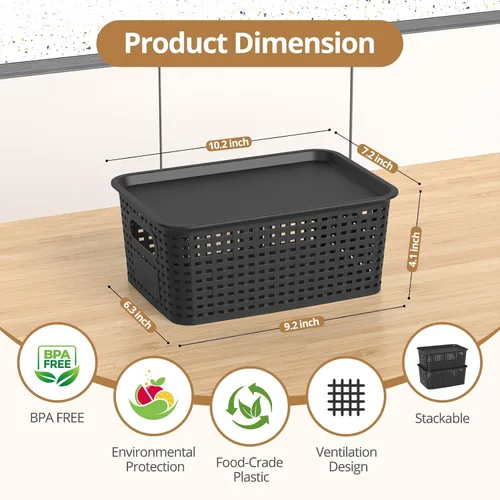 Miniatura 2 de Cesta de almacenamiento de plástico con tapa, contenedores pequeños apilables para organización y contenedores para estantes, cajones, escritorio