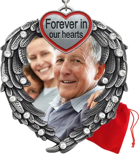 Adorno conmemorativo para fotos – "Forever in Our Hearts" corazón plateado con alas de ángel - Adorno de marco de fotos en memoria amorosa - Inserta