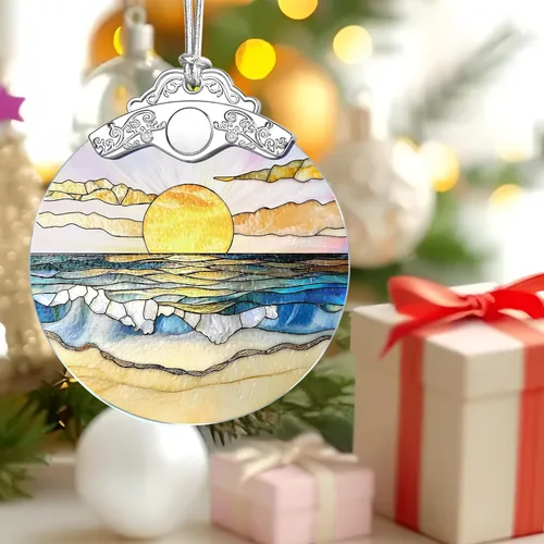 Miniatura 6 de Adorno de Vidrio Manchado de Puesta de Sol en la Playa, Adorno Navideño – Decoración de Árbol de Navidad, Decoración Festiva, Relleno de Calceti