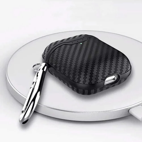 Miniatura 5 de Compatible con auriculares Airpods 1 y 2, fibra de carbono fresco grano militar anti-caída flexible TPU protector antidedos con llavero negro
