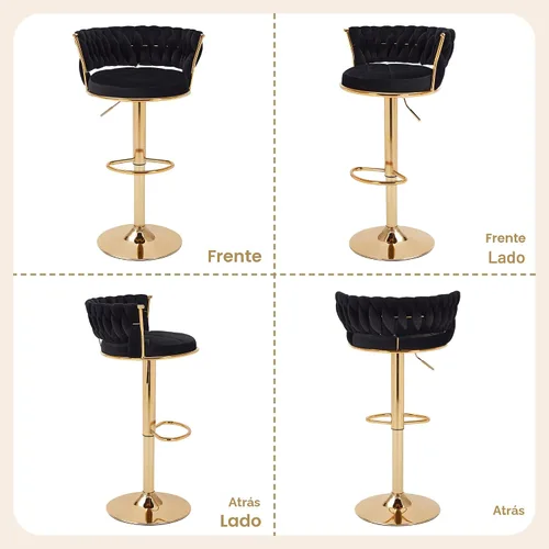 Miniatura 7 de VECELO Juego de 2 taburetes de bar, taburetes de bar ajustables de altura de mostrador con respaldo y brazo, taburetes de isla de cocina tejidos