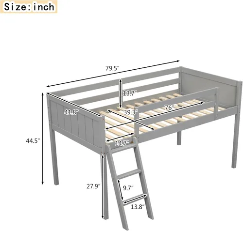 Miniatura 2 de Cama baja de tamaño individual con escalera convertible, se puede colocar a la izquierda o derecha, marco de cama de madera para dormitorio