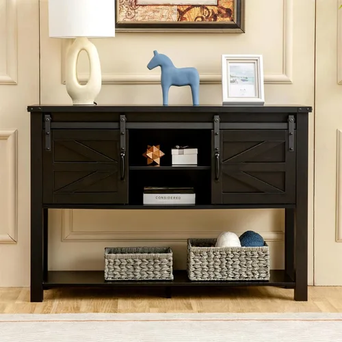 Miniatura 3 de GAZHOME Mesa de entrada con puertas correderas de granero, mesa consola de granja de 46 pulgadas con almacenamiento, mesa de sofá rústica con 2-Negro
