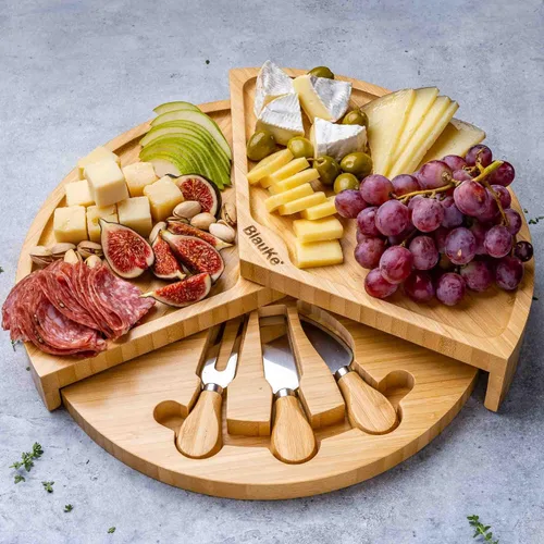 Miniatura 7 de Juego de tabla de queso de bambú y cuchillos, tabla redonda de charcutería de 14 pulgadas, bandeja para servir, plato, juego de tablas de queso