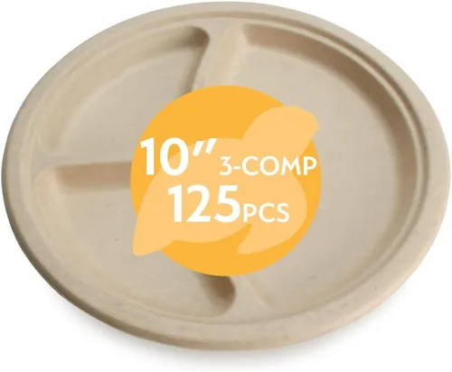 Platos de papel desechables 100% compostables a granel [10 pulgadas, 3 comp 125 paquetes], platos de bambú, ecológicos, biodegradables, resistentes