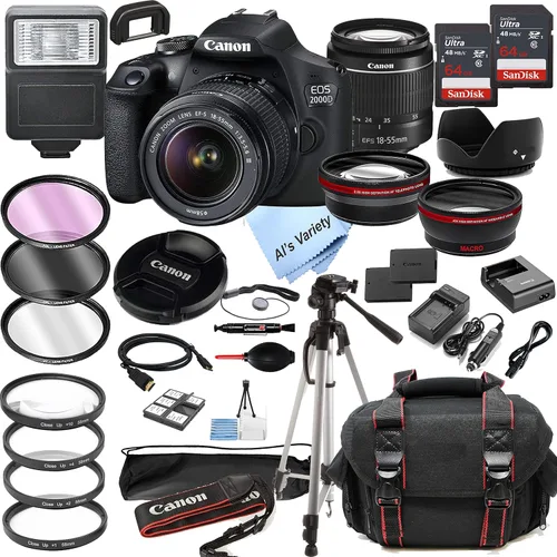 Canon Cámara DSLR EOS 2000D (Rebel T7) con lente de zoom EF-S de 0.709-2.165 in F/3.5-5.6 + memoria de 128 GB + estuche + trípode + filtros (paquete