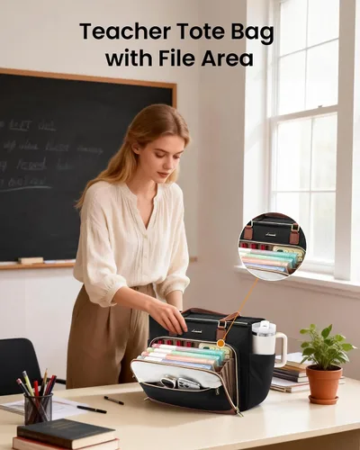 Miniatura 3 de LOVEVOOK Bolsa de mano para profesores, bolsa para laptop para mujer con portavasos grande y área de archivo de acordeón, bolsa de trabajo