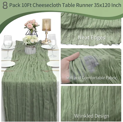 Miniatura 4 de Paquete de 8 caminos de mesa de estopilla verde salvia de 10 pies, camino de mesa de gasa, tela de queso, 35x120 pulgadas, caminos de mesa bohemios