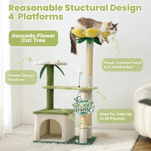 Miniatura 2 de HYABi Torre de árbol de aguacate para gatos de 47.5 pulgadas, lindo condominio de jardín para gatos con plataforma de actividad de varios niveles