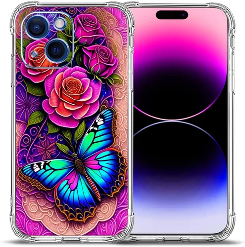 Miniatura 27 de Funda para iPhone 15, colorida mariposa flores protección contra caídas a prueba de golpes TPU cuerpo completo protector resistente a los arañazos