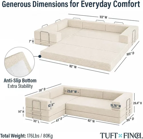 Miniatura 2 de TUFT & FINCH Sofá comprimido en forma de L de alta calidad, cama y asientos de 3 plazas, sofás seccionales convertibles para sala de estar, oficina