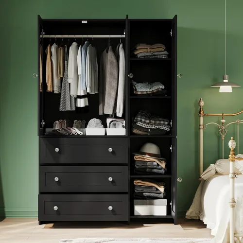 Miniatura 5 de VOWNER Armario clóset con cajones y espejo, gabinete de almacenamiento de ropa de 71" con barra para colgar, armario de madera de 4 puertas