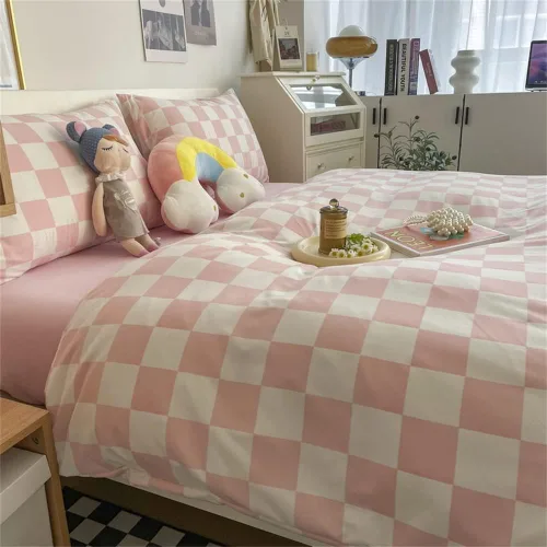 Miniatura 5 de Wellboo - Juego de edredón de cuadros rosa y blanco para cama tamaño full, colcha de algodón con diseño abstracto y geométrico rosa frijol y blanco