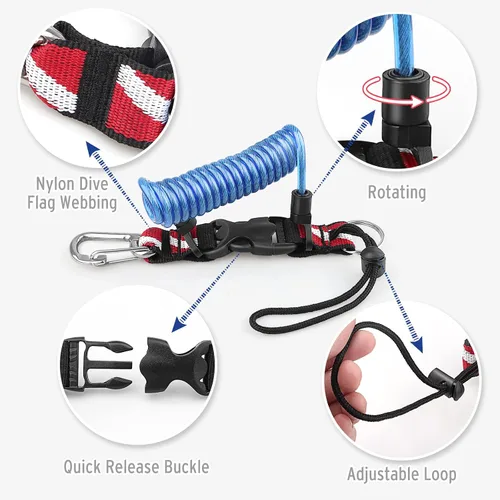 Miniatura 3 de Cordón de buceo, cordón en espiral de acero inoxidable resistente con hebilla de liberación rápida y correa de banda de bandera de buceo para Azul