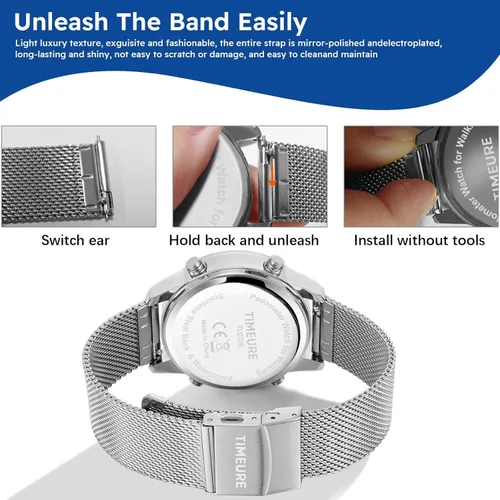 Miniatura 5 de Reloj podómetro para hombre con pulsera de acero inoxidable, reloj contador de pasos sin aplicación, sin necesidad de carga para caminar al aire