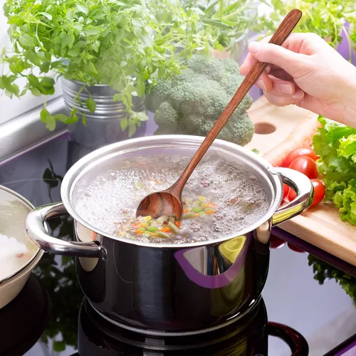 Miniatura 3 de Patelai 6 cucharas de madera de 11 pulgadas, cucharas de madera de mango largo, cuchara de sopa de estilo coreano japonés para cocinar, comer