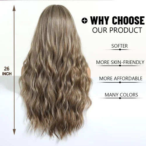 Miniatura 4 de Esmee Pelucas largas onduladas de color rubio ceniza para mujer con flecos, peluca de cabello sintético natural para uso diario y de fiesta