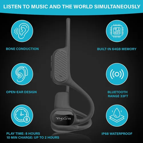 Miniatura 3 de Auriculares de natación con conducción ósea ELYXFUL, IP68 impermeables Bluetooth y reproductor MP3 de 64GB, auriculares de oreja abierta para nadar