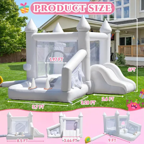 Miniatura 7 de Casa de rebote blanca, casa inflable para niños de 3 a 6 años con piscina de bolas y tobogán, castillo inflable para fiestas de cumpleaños, bodas