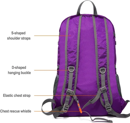 Miniatura 4 de Mochila ligera plegable de 40 litros, mochila de viaje plegable de nailon Ripstop, mochila de senderismo plegable para exteriores (morado)