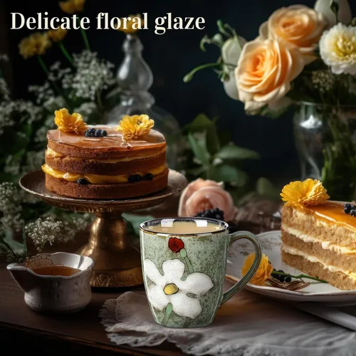 Miniatura 6 de Maxdot Juego de tazas de café de cerámica de 12 onzas, proceso de acristalamiento, taza de capuchino, tazas de té de cerámica floral, regalo