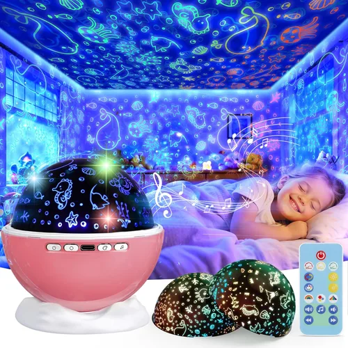 Miniatura 9 de Proyector de luz nocturna, luz nocturna para habitación de niños con control remoto y temporizador, rotación de 360°, 3 películas de proyección, 18