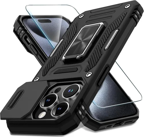 Miniatura 353 de DEERLAMN Funda para iPhone Xs Max con funda deslizante para cámara + protector de pantalla, soporte giratorio de anillo de grado militar a prueba