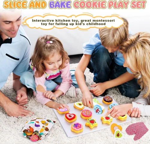 Miniatura 6 de Juego de alimentos de madera para hornear y cortar galletas para niños - Juego de cocina - Accesorios de juguete para galletas y bandeja