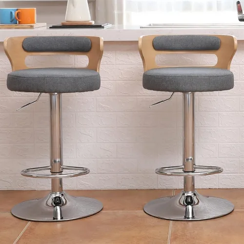 Miniatura 5 de Taburetes de bar altos, elegante taburete de bar de altura ajustable de tela con respaldo medio de madera y base cromada, taburete de bar