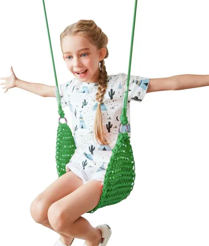 Miniatura 11 de Columpio para niños tejido a mano, asiento portátil para columpio de árbol para interiores y exteriores, cuerdas ajustables, con correa para colgar