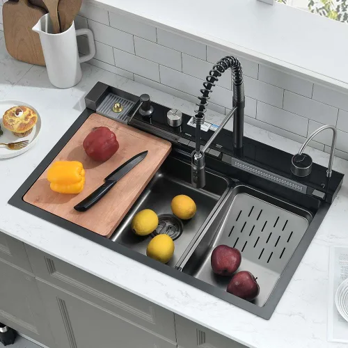 Miniatura 2 de Fregadero de cocina de cascada negro de 30 pulgadas con grifo extraíble, fregadero de cascada de 30 x 18 pulgadas, pantalla digital negra