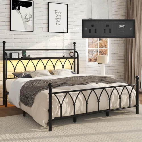 Miniatura 13 de E-Ser Marco de cama de plataforma de metal tamaño twin con cabecera de almacenamiento, marco de cama con luz LED, estación de carga integrada