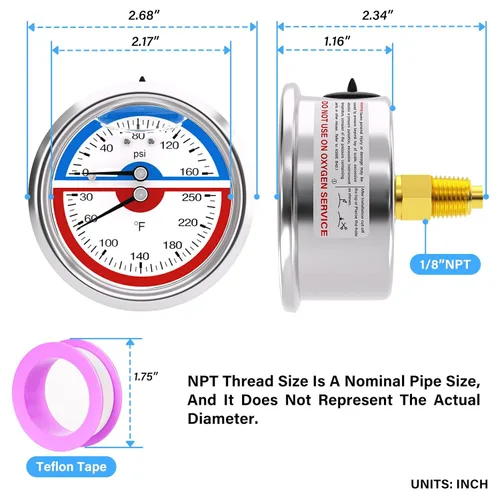 Miniatura 2 de MEANLIN MEASURE Manómetro térmico de acero inoxidable de 0-160 psi, 30-250 ℉, llenado de líquido, esfera de cara NPT de 2.5 pulgadas, con cinta