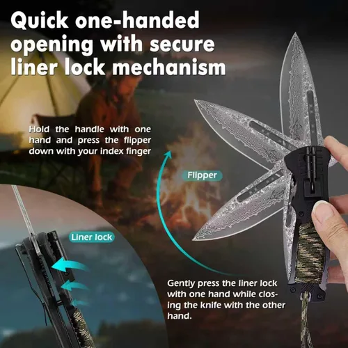 Miniatura 6 de XIPHIAS Damascus XK039DA - Cuchillo de supervivencia 6 en 1, multiherramienta plegable con luz LED, arrancador de fuego, silbato y paracaídas, clip